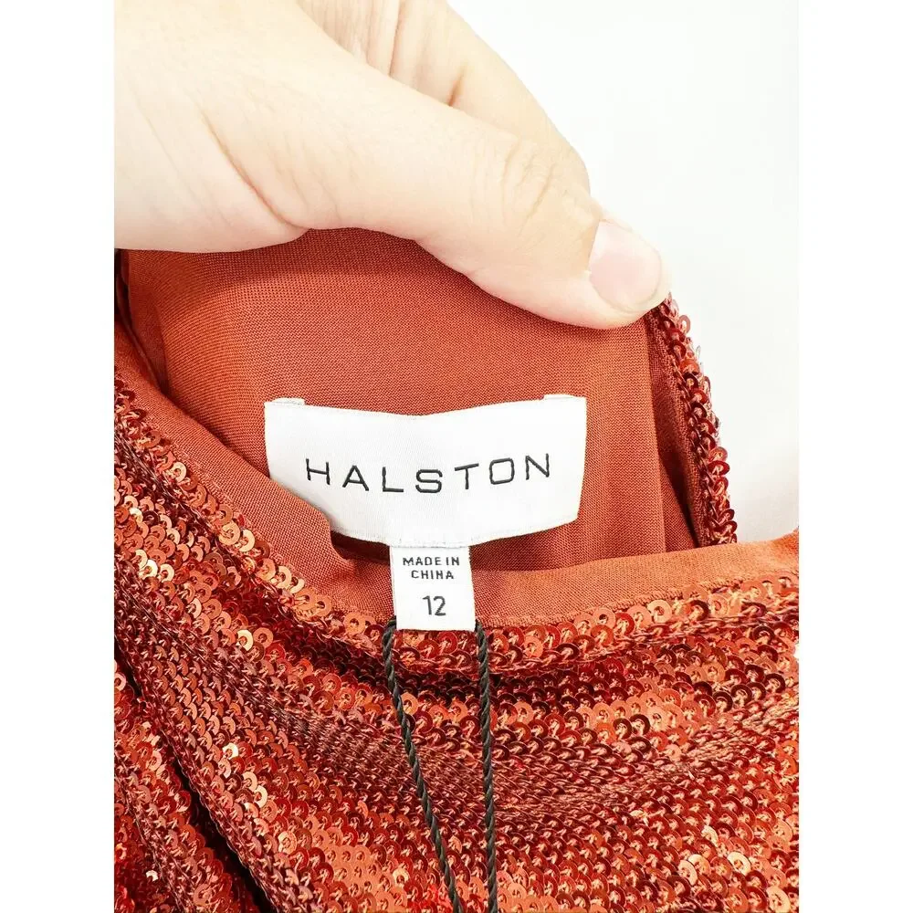 Halston Val Sequins One Shoulder Mini Dress in Orangeade Size 12 NWT‎
